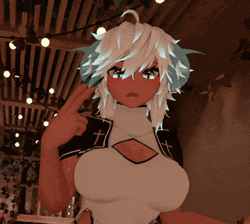 a girl with white hair and a cross on her shoulder is giving the middle finger