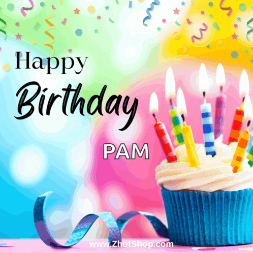 a birthday card for pam with a cupcake with candles on it