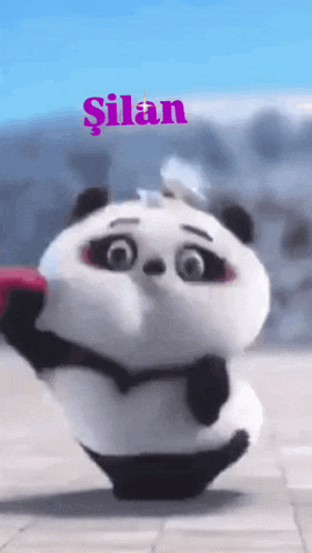 a cartoon panda bear is holding a red heart and the word silan is above it