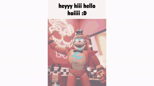 a cartoon character is standing in front of a sign that says heyyy hiii hello haiii : d