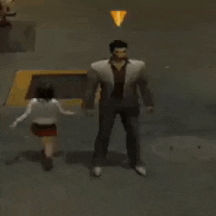 a man in a suit is standing in front of a buy button in a video game