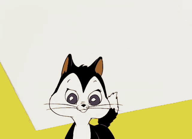 a black and white cartoon cat with blue eyes is being petted by a brown hand