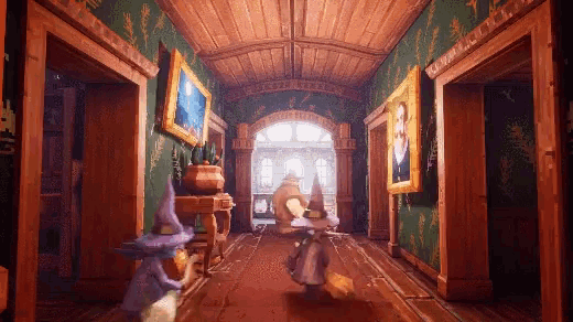 a painting of a hallway with a sign that says ' the wizard ' on the wall