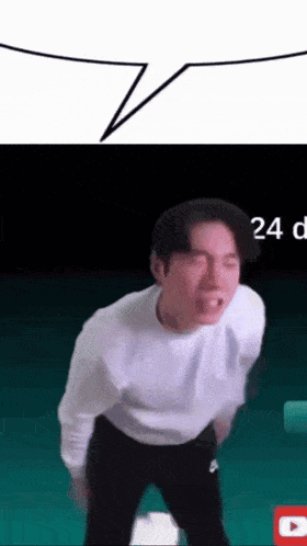 a man in a white shirt and black pants is standing in front of a speech bubble that says 24 days