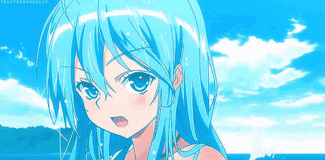 a blue haired anime girl is standing in front of a blue sky