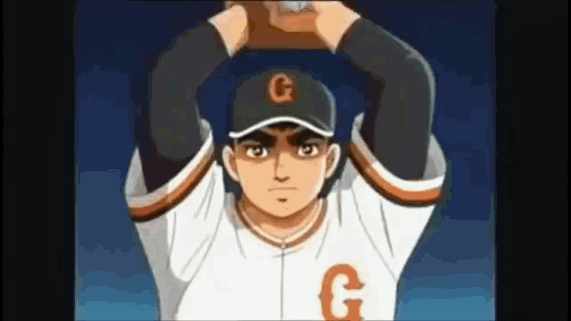 a cartoon baseball player with the letter g on his cap