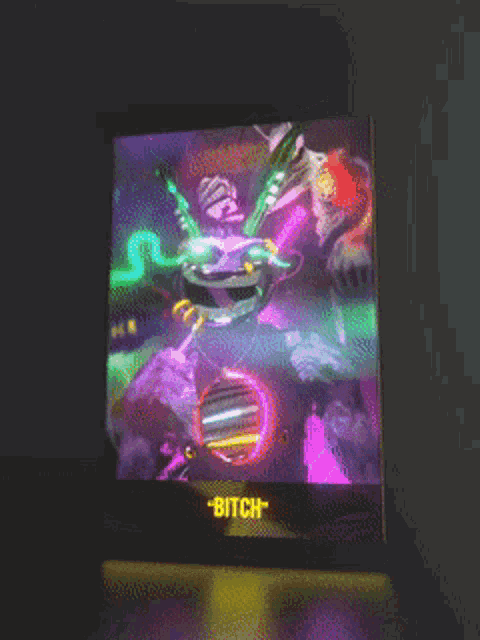 a screen with a picture of a monster and the words bitch on it