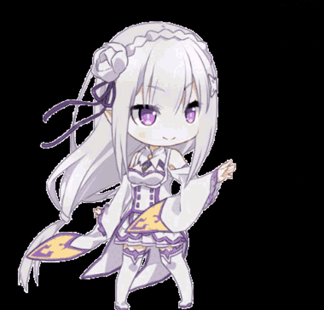 a cartoon of a girl with white hair and purple ribbons on her head