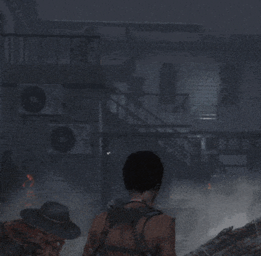 a video game character is holding a knife and a gun