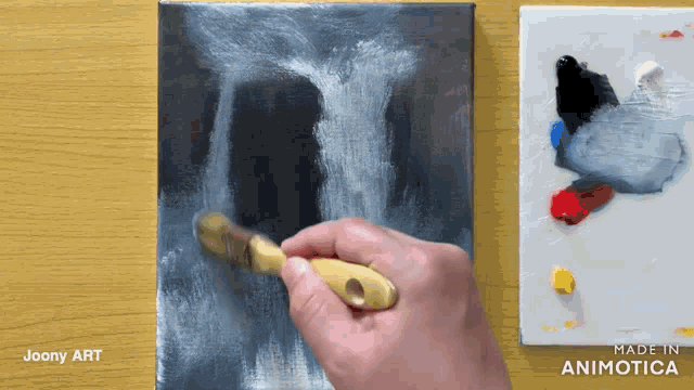 a person is painting a waterfall on a canvas with the words made in animatica on the bottom