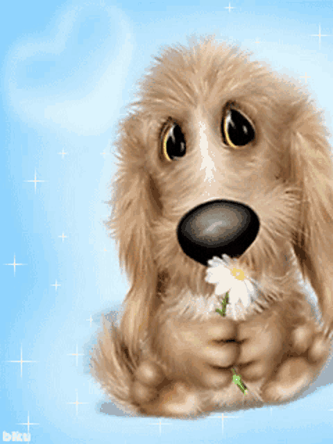 a cartoon dog is holding a flower in its mouth and says biku on the bottom