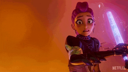 a cartoon character is holding a sword and a frog in her hands .