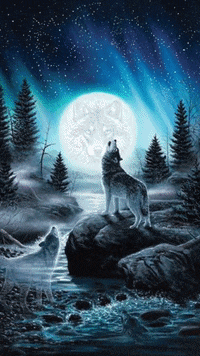 two wolves howling at the full moon in a painting