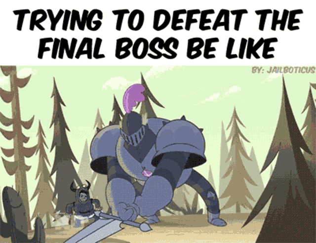 a cartoon of a knight trying to defeat the final boss