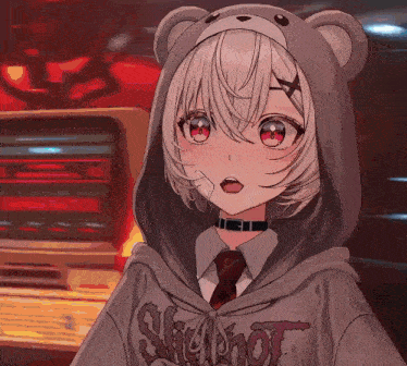 a girl with white hair and red eyes is wearing a teddy bear hoodie