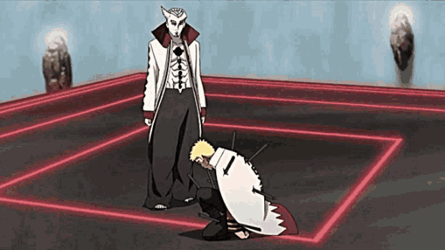 a man in a white coat is kneeling down in front of a man in a mask in a room .