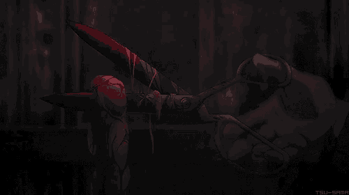 a person is holding a pair of scissors with blood on them