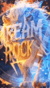 a lion with blue eyes is standing in front of a sign that says `` i 'm rock '' .