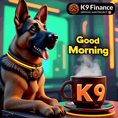 a german shepherd sits next to a cup of k9 finance coffee