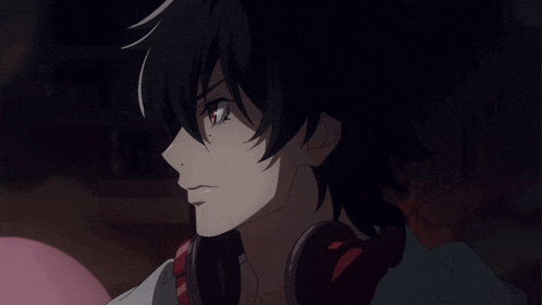 a black haired anime character with red eyes and headphones on