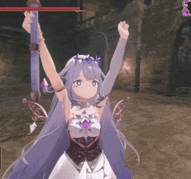 a girl with purple hair and a crown on her head is in a video game