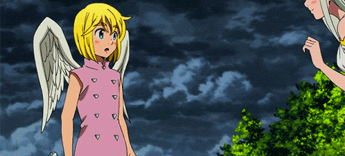 a girl with angel wings is standing next to a woman
