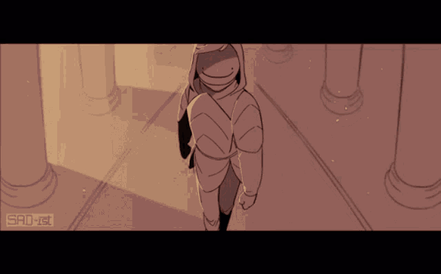 a drawing of a person in a hooded jacket standing in a hallway