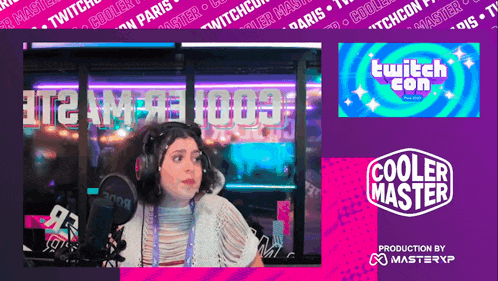 a woman wearing headphones stands in front of a microphone with a cooler master logo in the corner