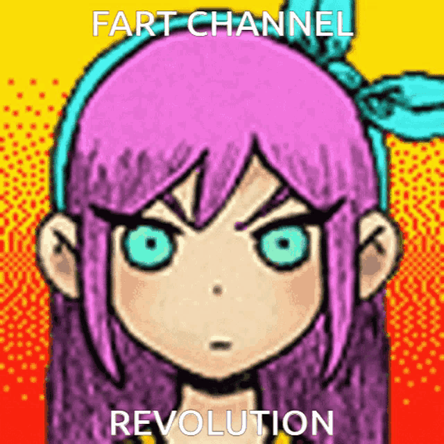 a picture of a girl with purple hair and green eyes is titled fart channel revolution