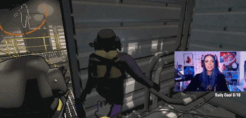 a woman with blue hair is playing a video game with a daily good grief advertisement