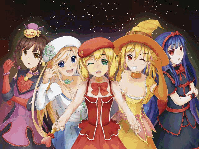 a group of anime girls standing next to each other with one wearing a red dress