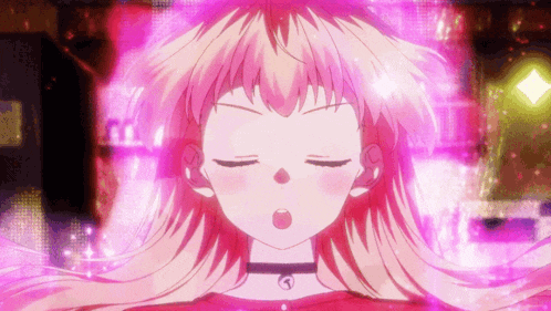 a close up of a girl 's face with pink hair
