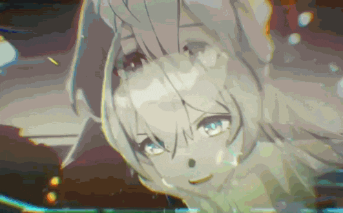 a girl with white hair and blue eyes is looking up at something