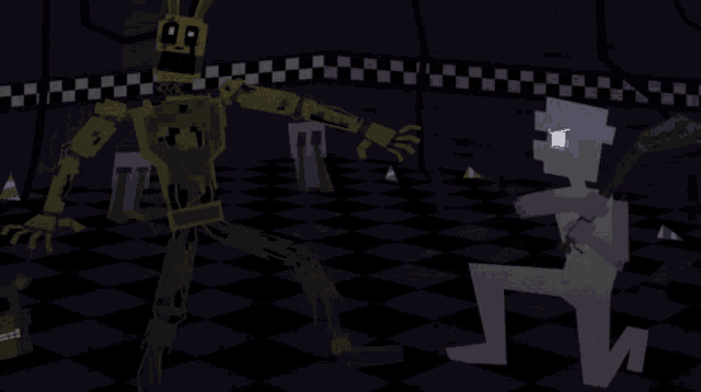 a cartoon drawing of a man kneeling down in front of a giant robot