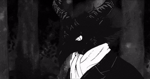 a black and white drawing of a demon with horns and a scarf around his neck