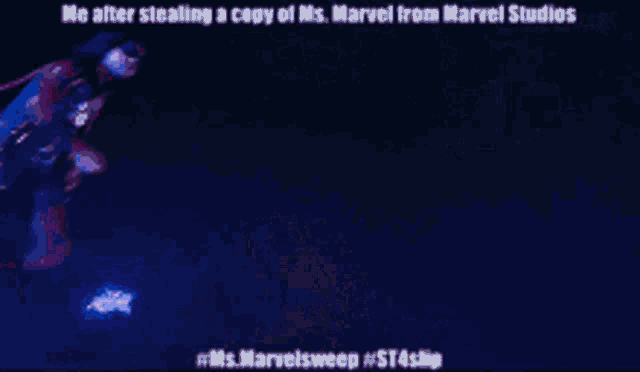 a dark background with purple lights and the words me after stealing a copy of ms. marvel from marvel studios on it