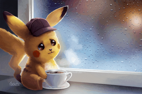 a drawing of a pikachu holding a cup of coffee looking out a window
