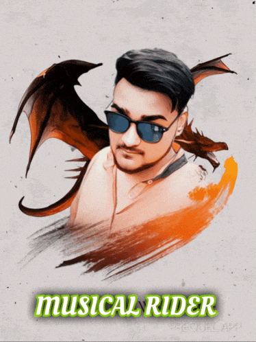 a picture of a man with a dragon behind him and the words musical rider