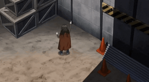 a man in a cape is standing in a room with cones