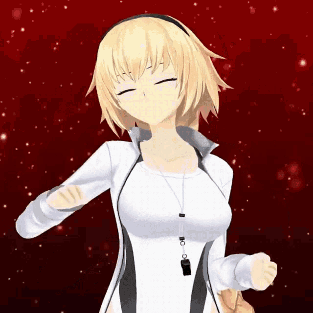 a 3d anime girl with blonde hair and a whistle around her neck