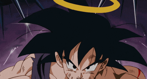 a close up of a cartoon character with a yellow halo on his head