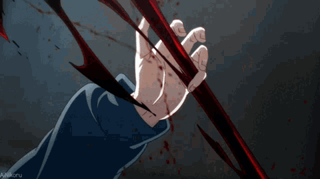 a hand is holding a bloody sword and the word anikoru is on the bottom right