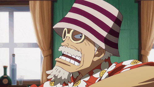 a cartoon character wearing a striped hat and glasses is sitting in front of a window