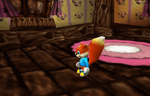 a cartoon squirrel is standing on a wooden floor in a room
