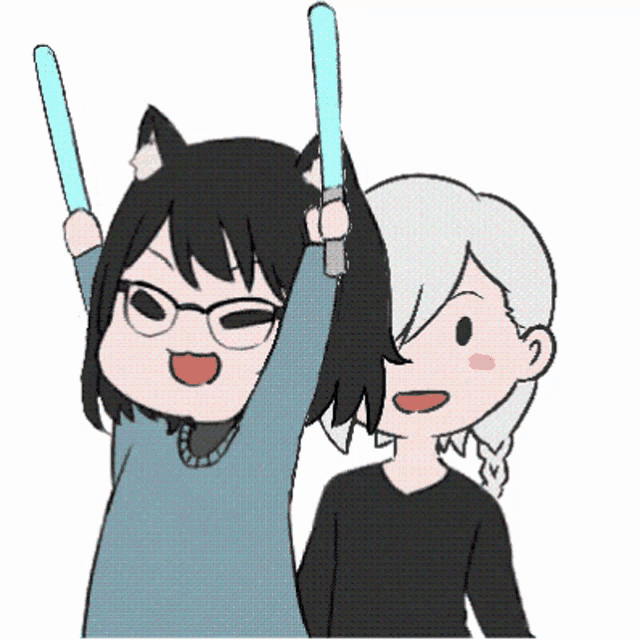 a cartoon of a girl with a cat ear and a boy holding light sticks