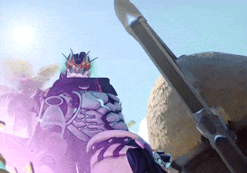 a video game character with a sword and a purple glow