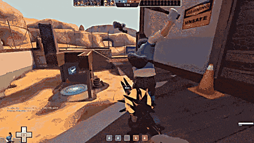 a video game screen shows a man holding a hammer in front of a sign that says " unsafe "