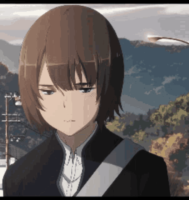 a cartoon character with brown hair and a black jacket