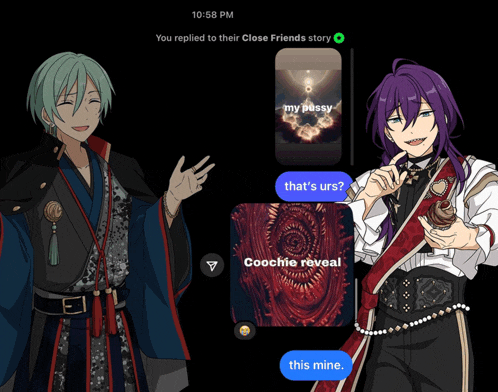 two anime characters are standing next to each other on a screen that says " you replied to their close friends story " at the top