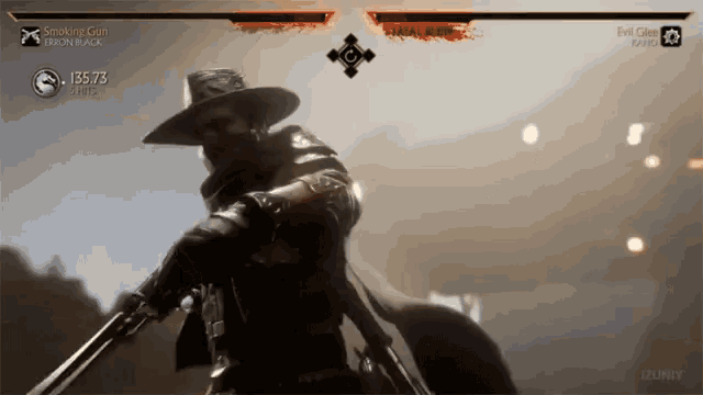 a screenshot of a video game shows a cowboy holding two guns and says smoking gun